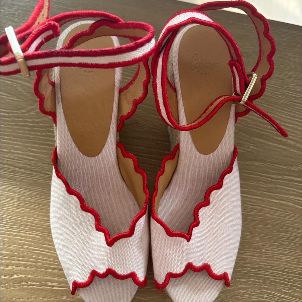 Castaner Pink Espadrille Wedges with Scalloped Red Trim - Picture 3 of 8